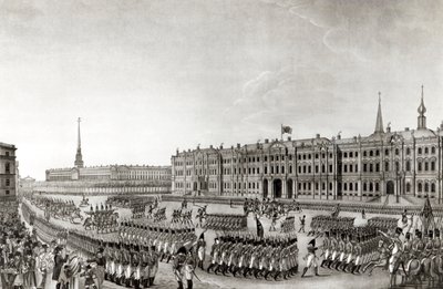 1812年、サンクトペテルブルグの皇居前のパレード 作： French School